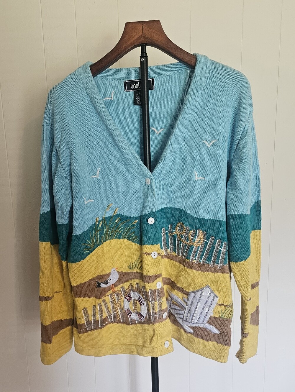Bobbie C Light Blue/Yellow Coastal Scene V-Neck Button Front Cardigan